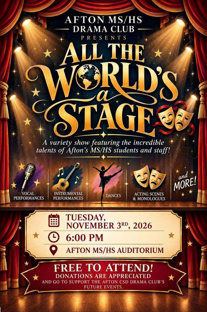 Poster for a show by Afton MS/HS Drama Club. Shows date, time, and location. Features icons of masks, a guitar, and a microphone.