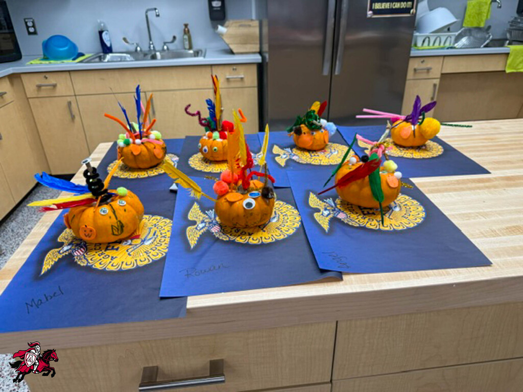 Decorated pumpkins with colorful feathers on a blue mat, set on a kitchen island.