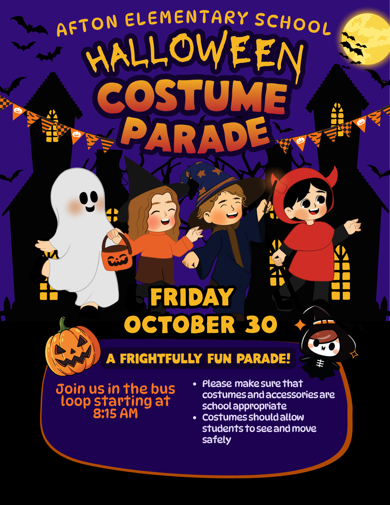 Halloween poster with a ghost, kids in costumes, pumpkins, and a moon. Text reads "Halloween Costume Parade, Friday October 30."
