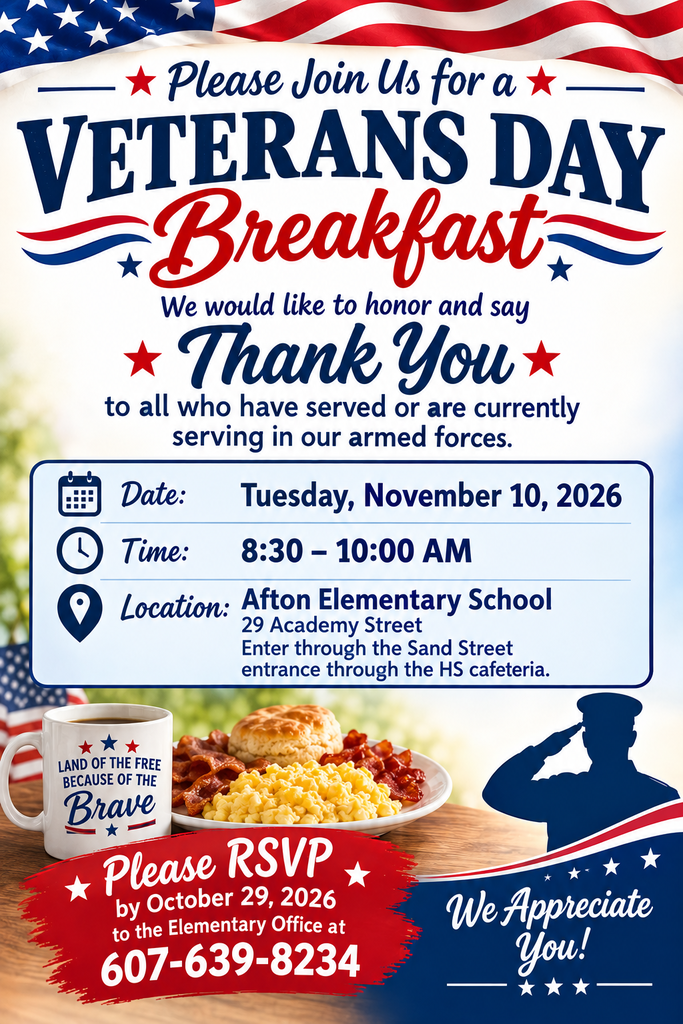 A Veterans Day breakfast invitation shows a plate of food, coffee mug, and details RSVP by Oct 29 to 607-639-8234.