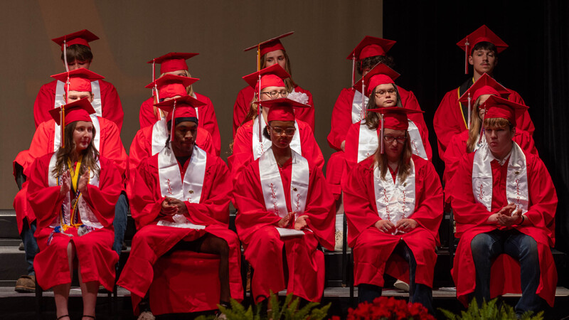 The Afton Central School Class of 2026 sits on a stage during their graduation ceremony