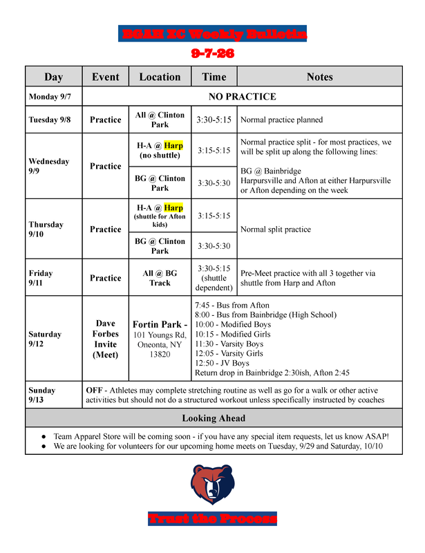 BGAH Cross Country Weekly Bulletin for Sept. 7-13