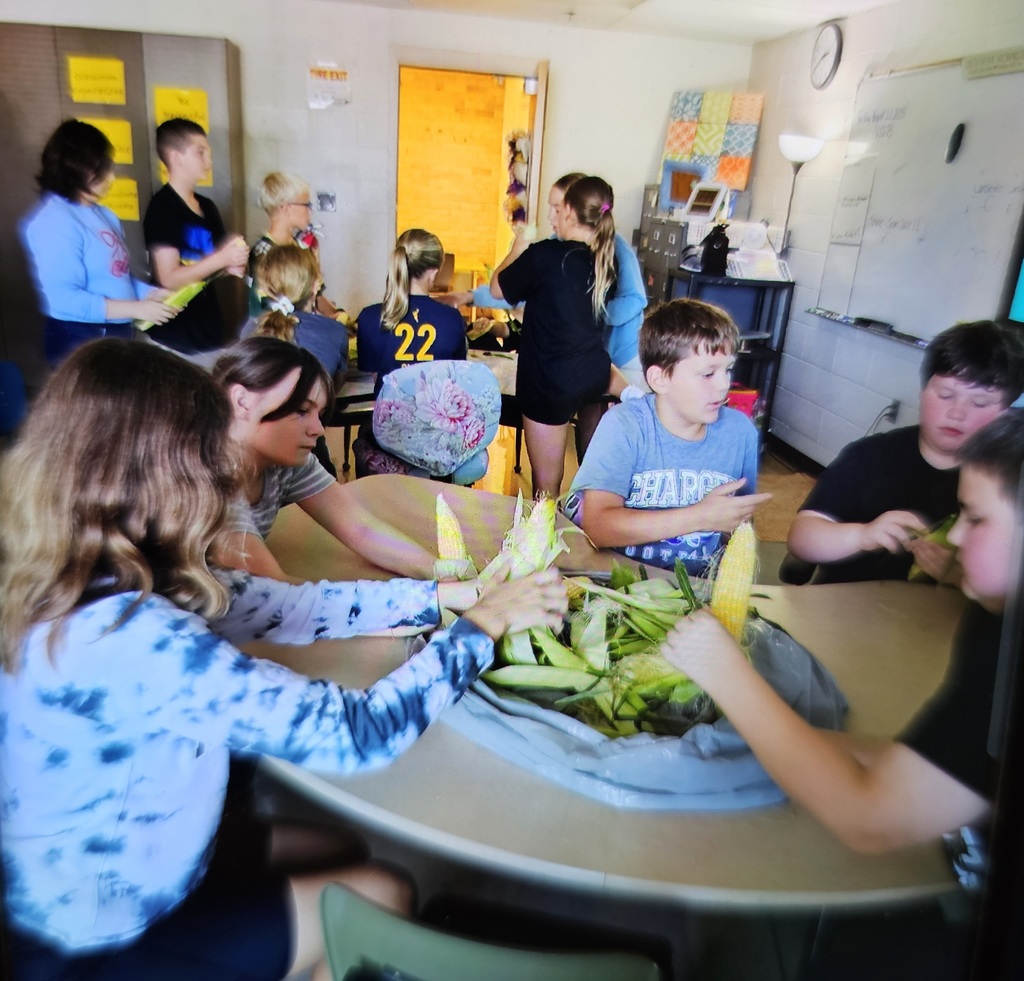 6th grade group shucking corn. 