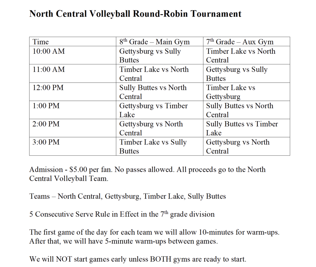 Schedule for games