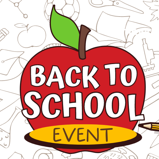 big red apple with words "Back To School Event" 