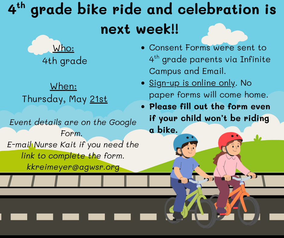 4th grade bike ride and celebration is next week. Event details for 4th grade families.