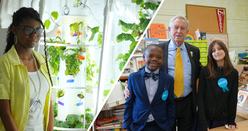 A diagonal split-screen image. On the left, a young woman with glasses and a yellow cardigan stands beside a white, vertical hydroponic garden tower filled with leafy greens and small orange flowers.  On the right, an older man in a suit and yellow tie stands between two young students in a classroom setting. The boy on the left wears a blue suit and bowtie, while the girl on the right wears a black jacket; both children have teal ribbons pinned to their clothes that read "Docent."