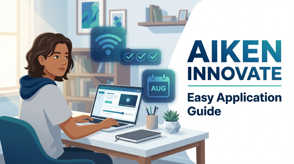 An image of an online student at a computer.  The image contains the caption, Aiken iNNOVATE: Easy Application Guide.