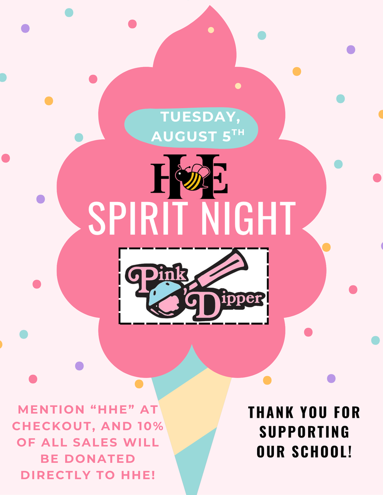 ice cream cone and dots stating Spirit NIght is Aug. 7 from 3-9 at Pink Dipper