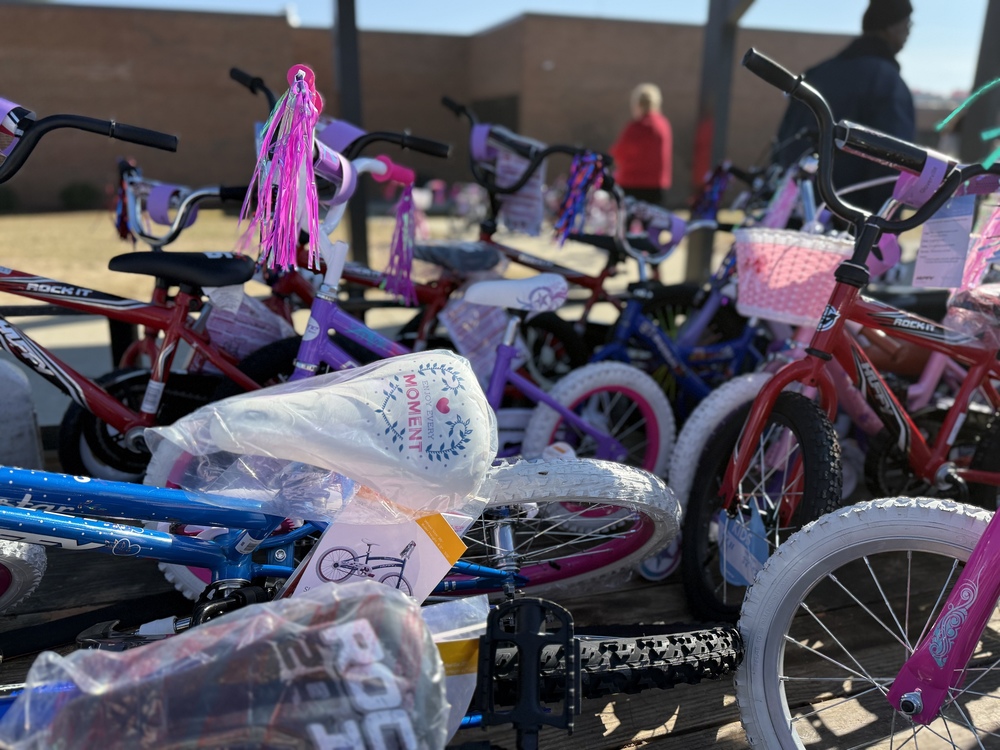 Several bikes loaded on trailer to be delivered to elementary students.