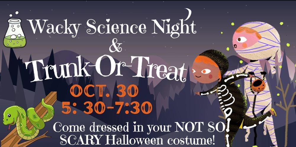 kids dressed up as skeleton and mummy, science beaker, snake along with details about event