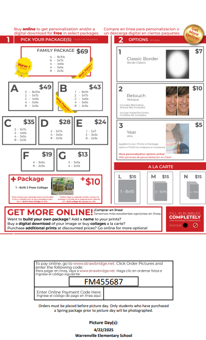 Spring Picture day packages and pricing as well as online ordering information. Cash or checks should be sent in on picture day.