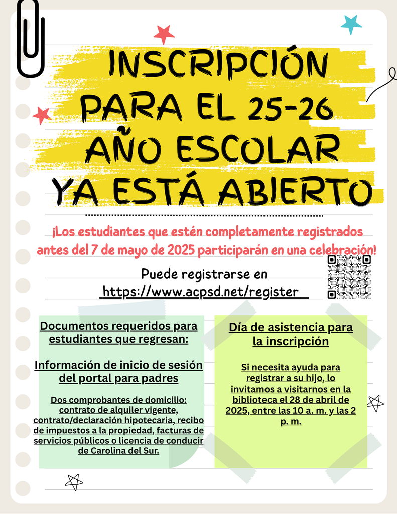 Inscription Para el 25-26 ano escolar ya esta abierto