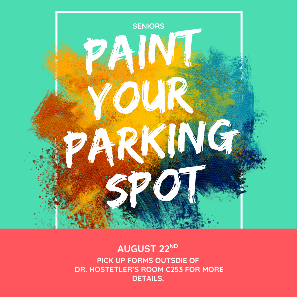 Green, blue and orange paint splatter flyer with "Paint Your Parking Spot" on it. 