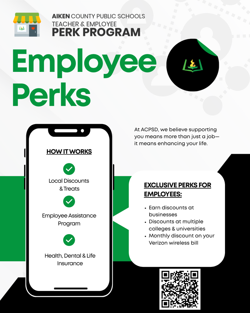 Employee Perks poster. More info https://www.acpsd.net/o/hr/page/employee-perks