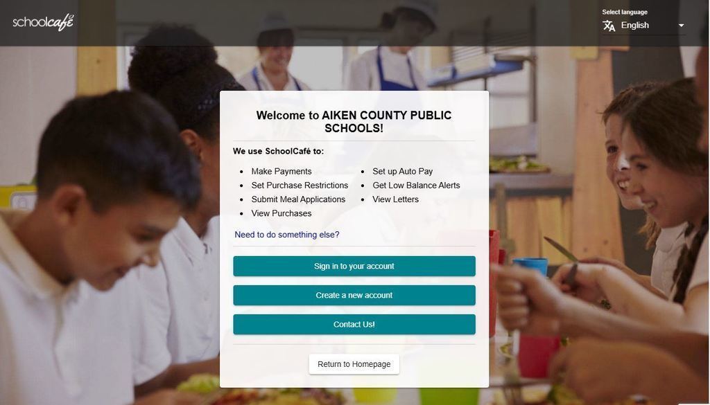 School Cafe homepage for Aiken County Public Schools