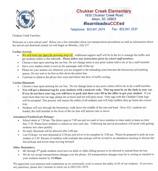 Afternoon Dismissal Information