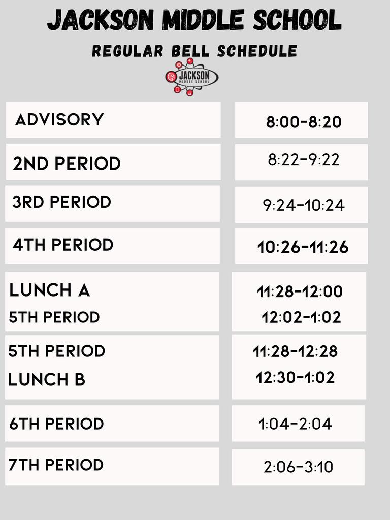 Regular bell schedule for 2025-26