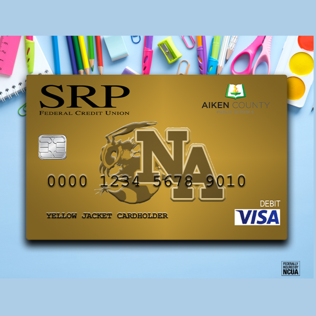 SRP Visa Gold Card with NA Logo and school supplies outside of it.