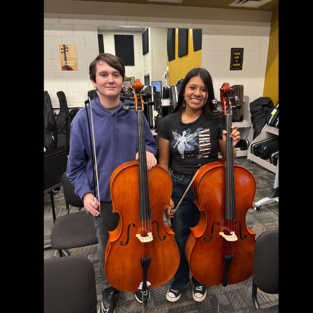 Male and Female student with cello.