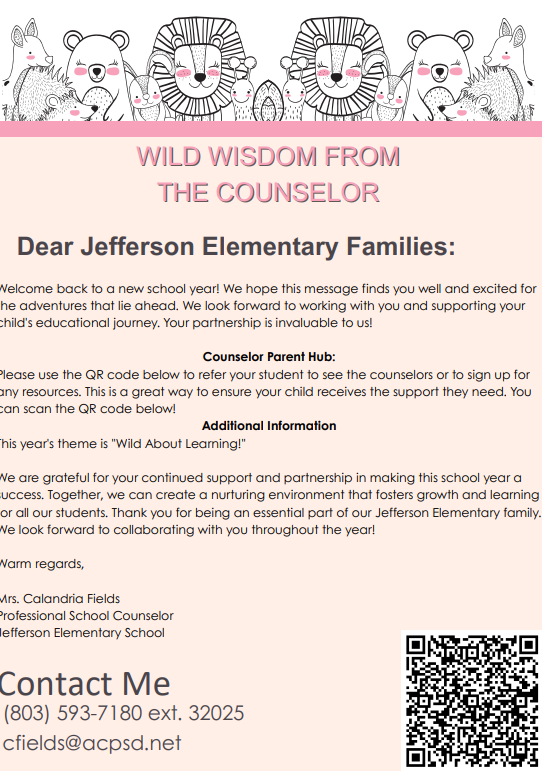 An informational letter from the school Guidance Counselor has a border of various animals across the top.