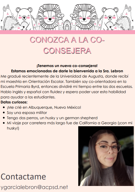 A newsletter written in Spanish from the co-counselor, Ms. Lebron has her picture in the bottom right corner.