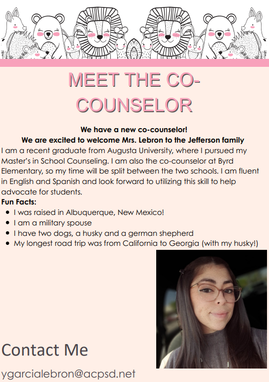 A newsletter from the co-counselor, Ms. Lebron has her picture in the bottom right corner.