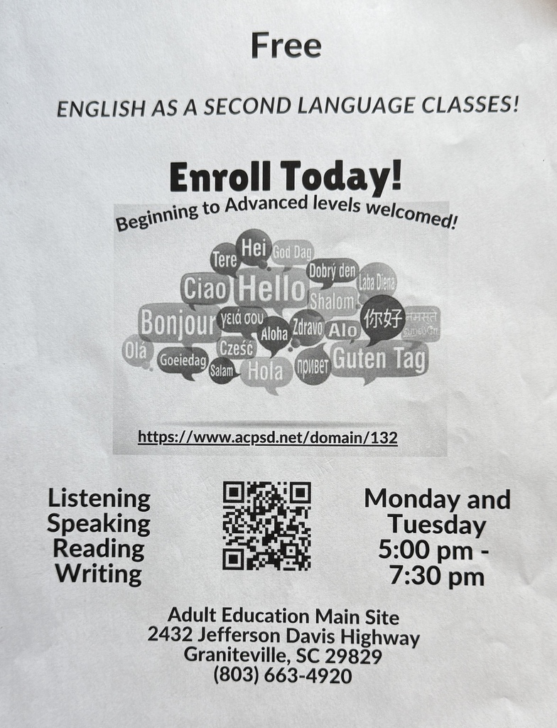 A flyer provides information about English Second Language Classes. A QR code  is also pictured.