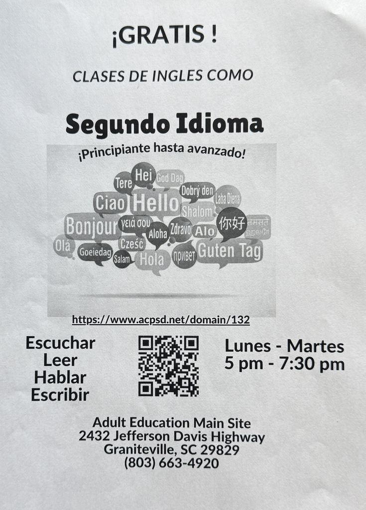 A flyer provides information about English Second Language Classes. A QR code  is also pictured.