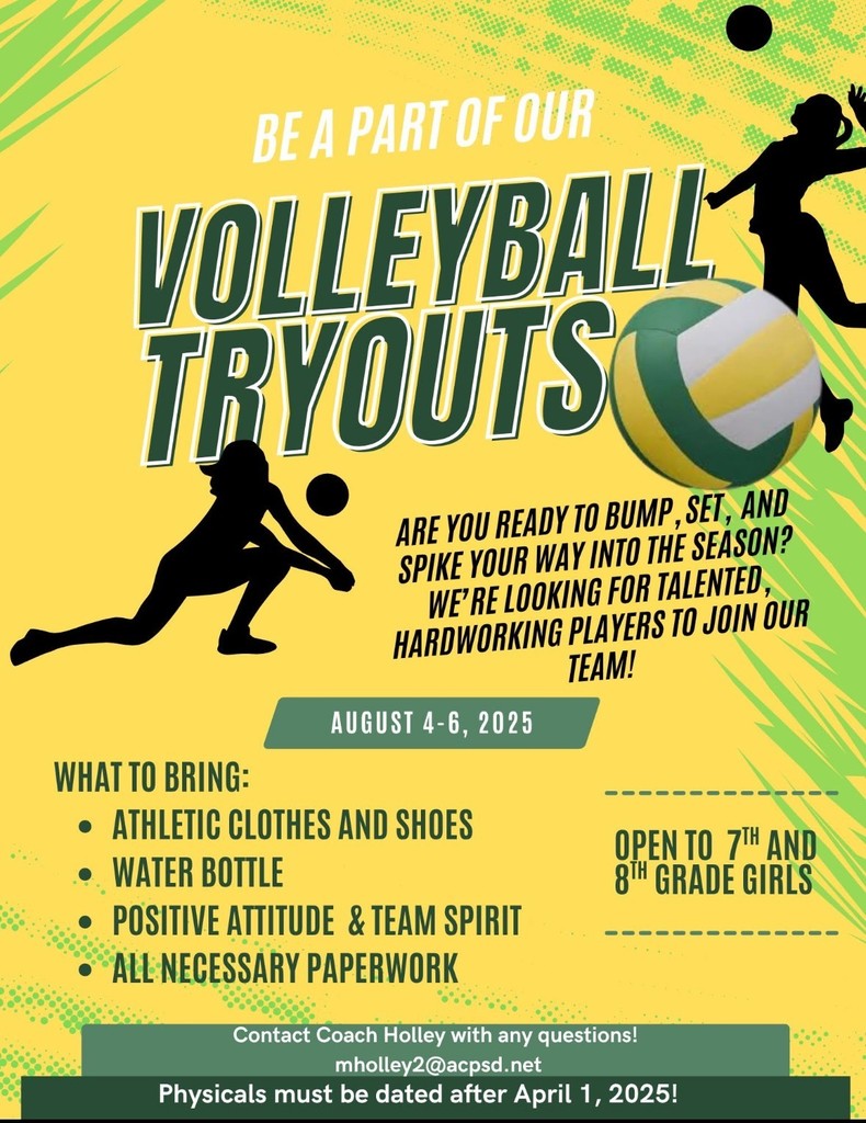 Volleyball Tryouts are  August 4-6 for 7th and 8th grade girls. Bring athletic clothes and shoes, water bottle,  good attitudes, and necessary paperwork. 