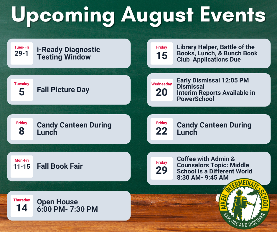 Upcoming August Events Calendar (The events are listed in the current events section.)