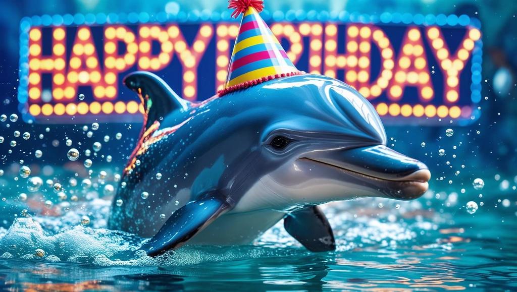 A dolphin wearing a birthday hat with an electronic sign in the back displaying "Happy Birthday"