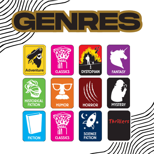 12 genres stickers with pirate, unicorn, sleuth, etc. 