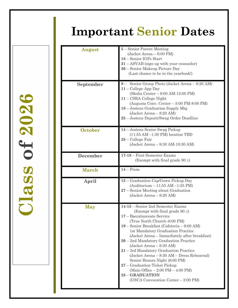 List of dates for seniors. 