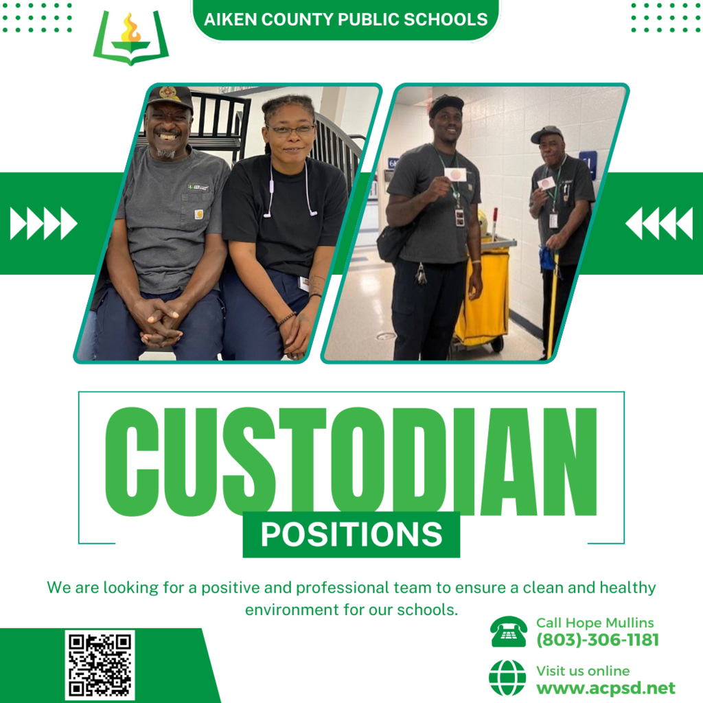 Custodian Positions. We are looking for a positive and professional team to ensure a clean and healthy environment for our schools. Call Hope Mullins 803-306-1181.