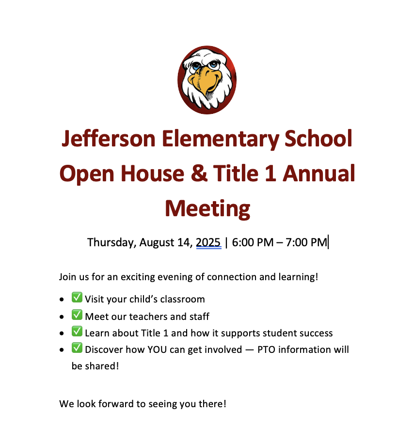 A flyer provides information about Open House with an image of an eagle, the school mascot .