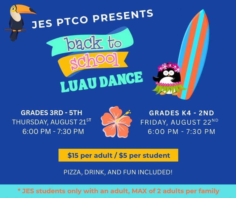 A flyer with a blue background, a surf board, and a penguin in a grass skirt, advertising a back to school luau.