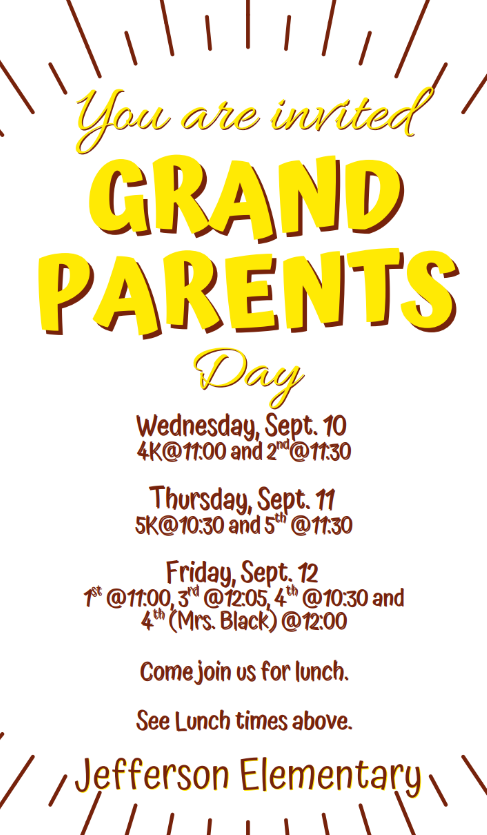 A flyer with yellow and red text is an invitation to Grandparents Day.
