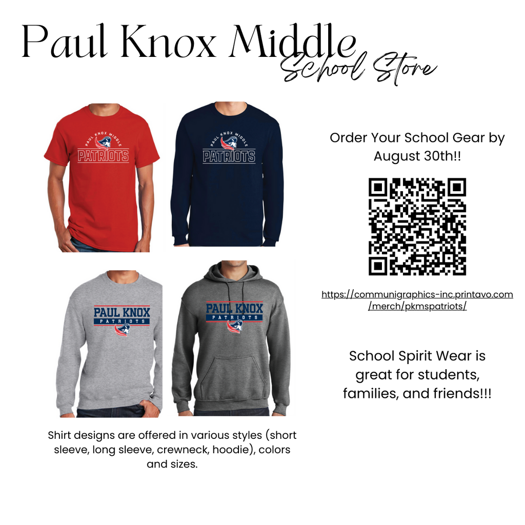"Patriots, get ready to show your school spirit! Our online school store is now open! Visit the store website through the link on the PK Facebook or Instagram page. Get your gear today, as the store closes on August 30th."