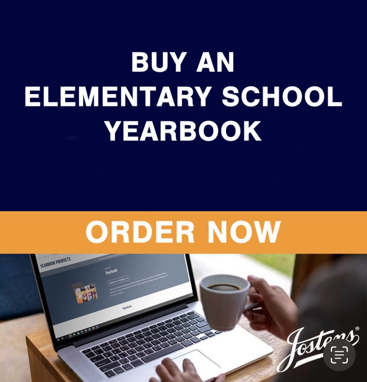 Yearbook order flyer with a laptop and cup of coffee images. 