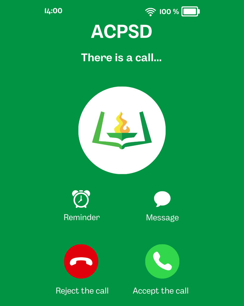 Green phone screen receiving a call from ACPSD.