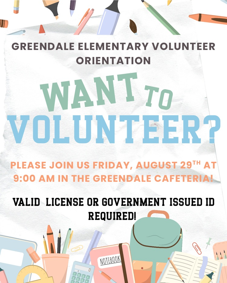 volunteer training flyer with date and time and clipart of school supplies