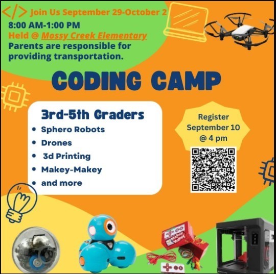 coding camp Sept. 29-Oct. 2 from 8:00-1:00