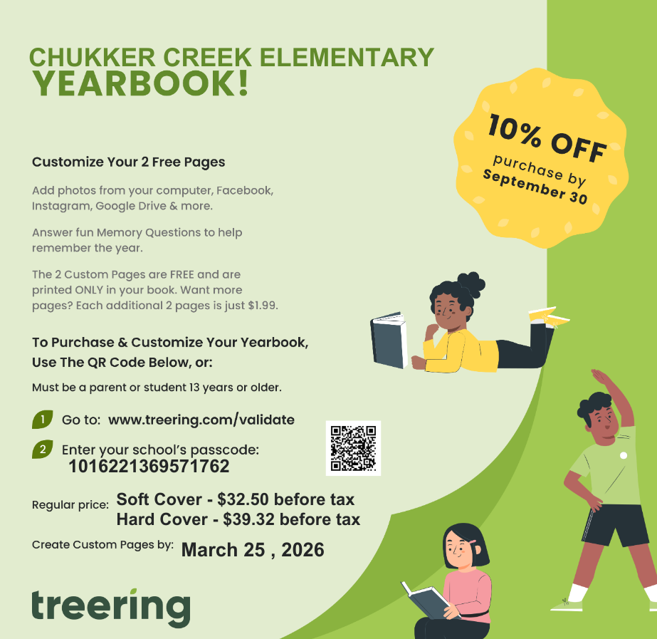 CCE Yearbook Flyer with 2 girls reading and 1 boy stretching 