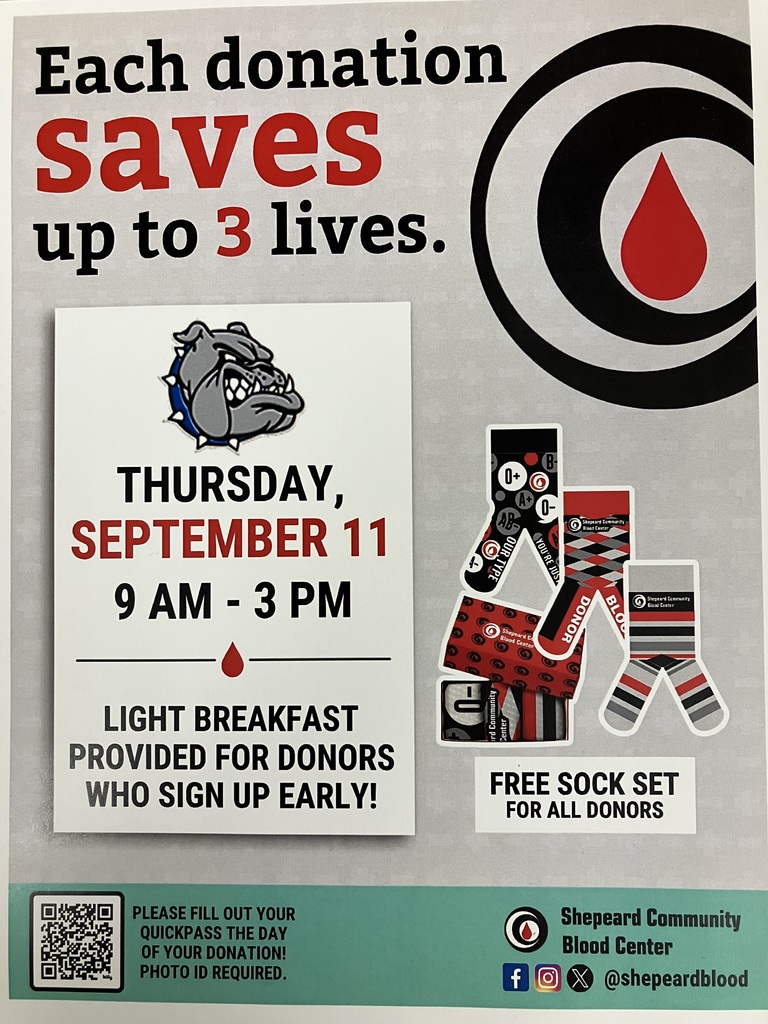 Shepeard Community Blood Drive at SBHS on September 11 from 9:00 AM to 3:00 PM.