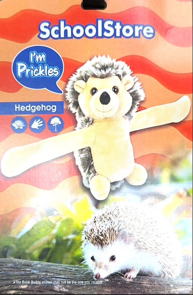school store fundraiser card with a stuffed hedgehog on it