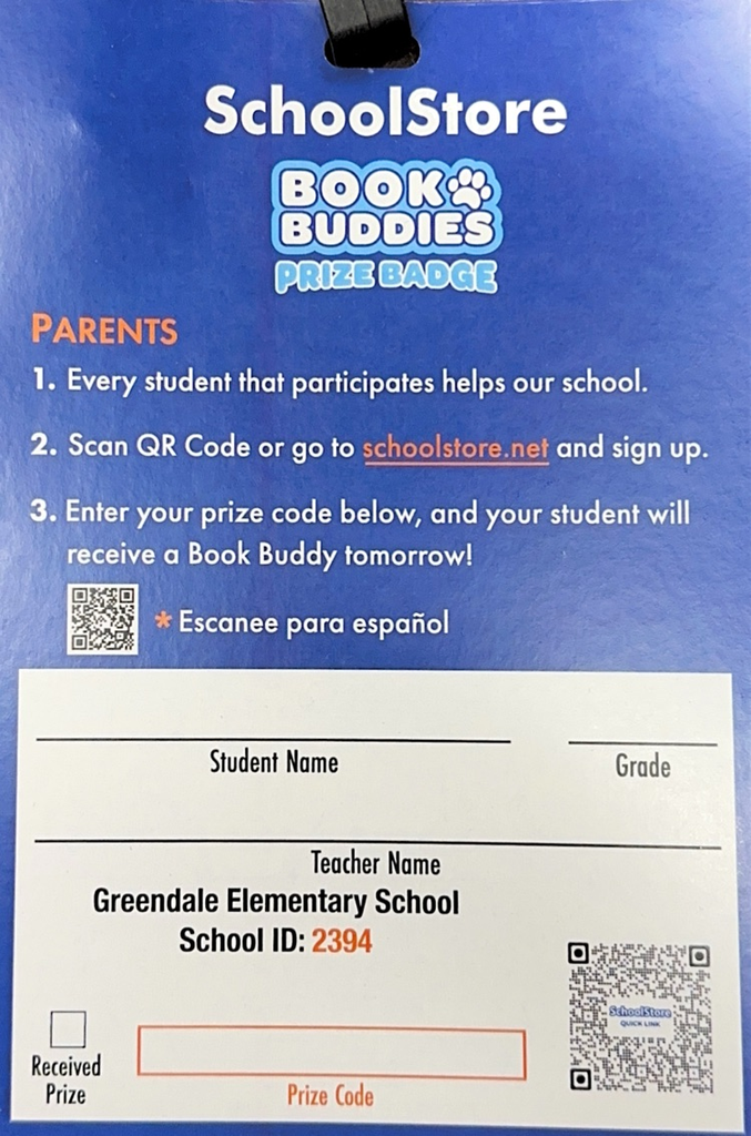school store fundraiser card with QR code and a place for child’s I for and prize code