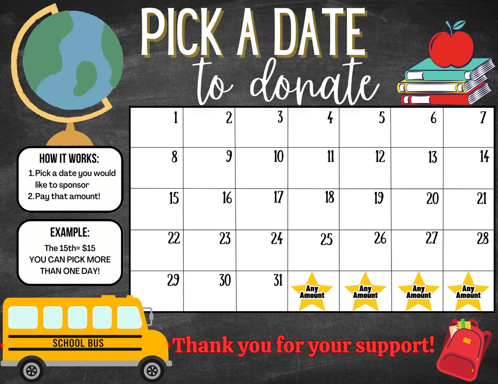 This is the fundraiser calendar to download.  Pick a date to donate.  Pay that amount.