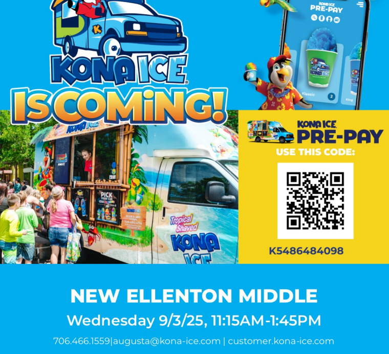 Kona Ice is coming to New Ellenton Middle Wednesday, September 3 from 11:15-1:45. You can use the qr code to prepay. Code: K5486484098