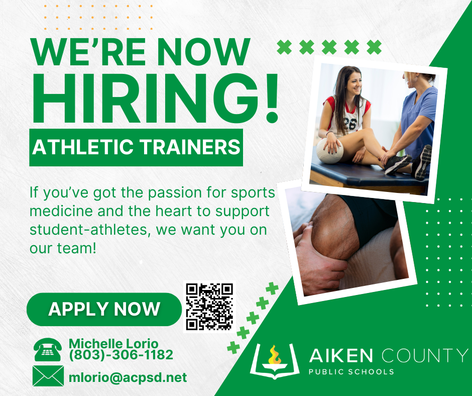 We're now hiring! Athletic Trainers.  If you’ve got the passion for sports medicine and the heart to support student-athletes, we want you on our team! Apply Now Michelle Lorio 803-306-1182. mlorio@acpsd.net. 